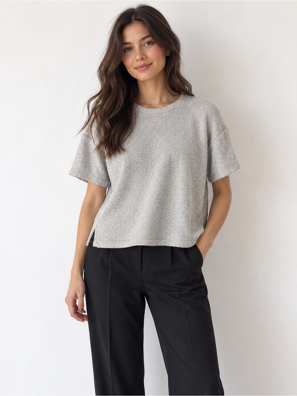 Oak + Fort Silver Metallic Textured Boxy Short Sleeve Top